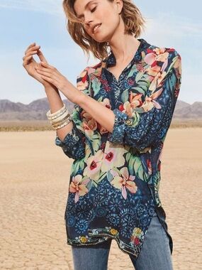 Johnny Was Nella Boho Silk Oversized Floral Print Blouse Top Shirt in Size XS